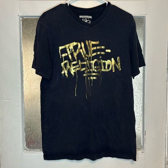 True Religion Brand Jeans Black and Gold Graffiti Style Short Sleeve Tshirt Med - Picture 1 of 5